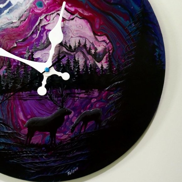 Hand Crafted Deer Silhouette Mountain Clock Original Painting Wall Art Essential - Picture 3 of 10